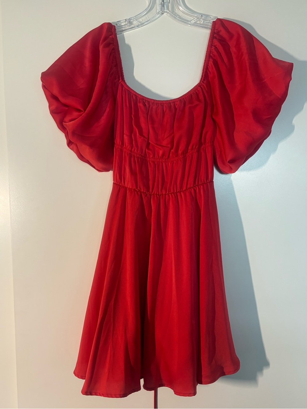 Francesca’s Romantic Red Mini Satin Dress with Puff Sleeve and tie waist